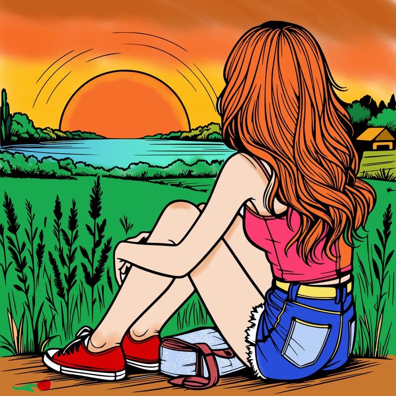 realistic girl sitting and watching the sunset