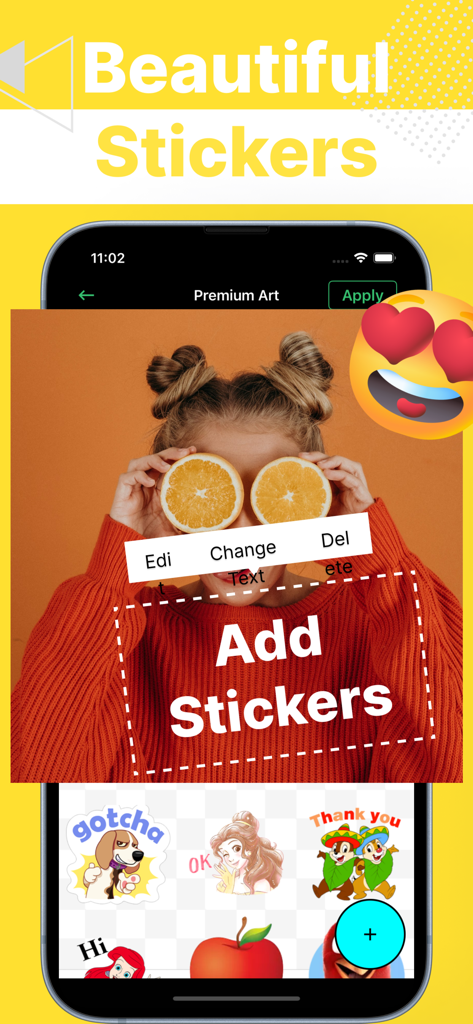 ステッカー選択メニューとハートの目の絵文字が付いた写真を示すWrite on Photosアプリのユーザーインターフェース。