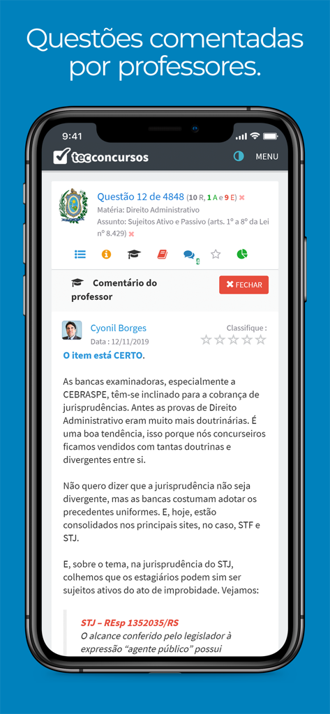 Tec Concursos - Mobile app interface showing a practice question with a detailed explanation from a teacher.