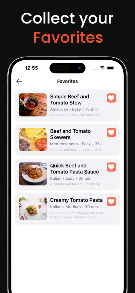 AI Recipe - Cooking Ideas - ビーフシチューやトマトパスタなどの料理が表示されたAIレシピアプリのお気に入り保存リスト。