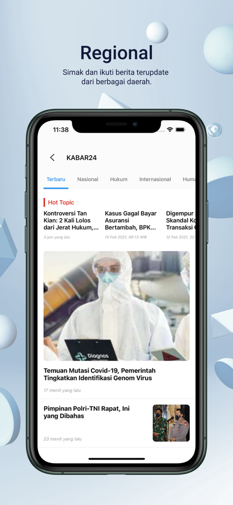 Bisnis.com mobile app interface showing regional news categories and hot topics in Indonesian