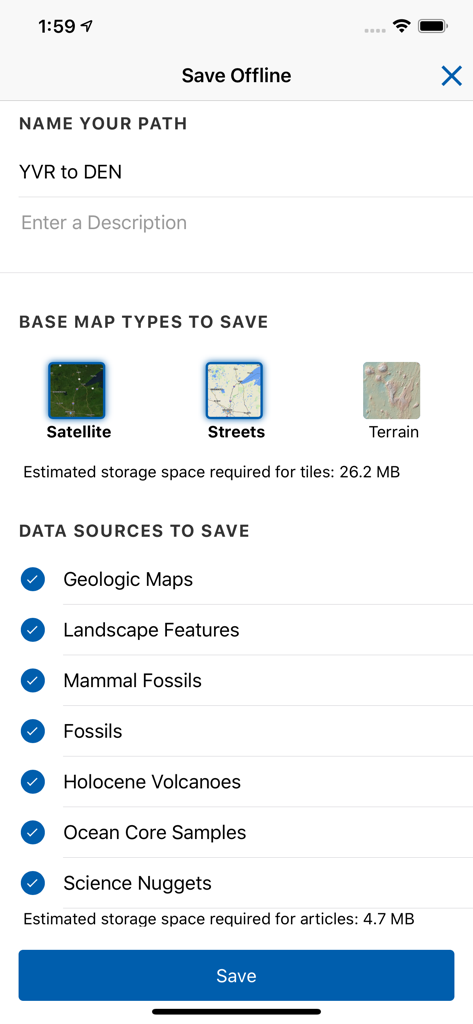 フライトパスの地質データオプションを表示するFlyover Countryアプリのオフライン保存メニュー