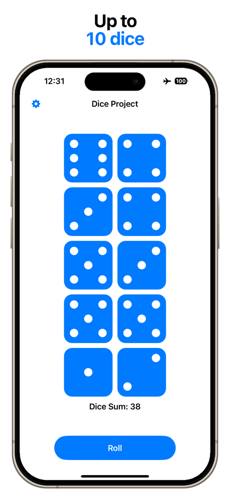 Dice Project - A screenshot of the Dice Project app showing 10 blue dice on screen with their total sum and a roll button