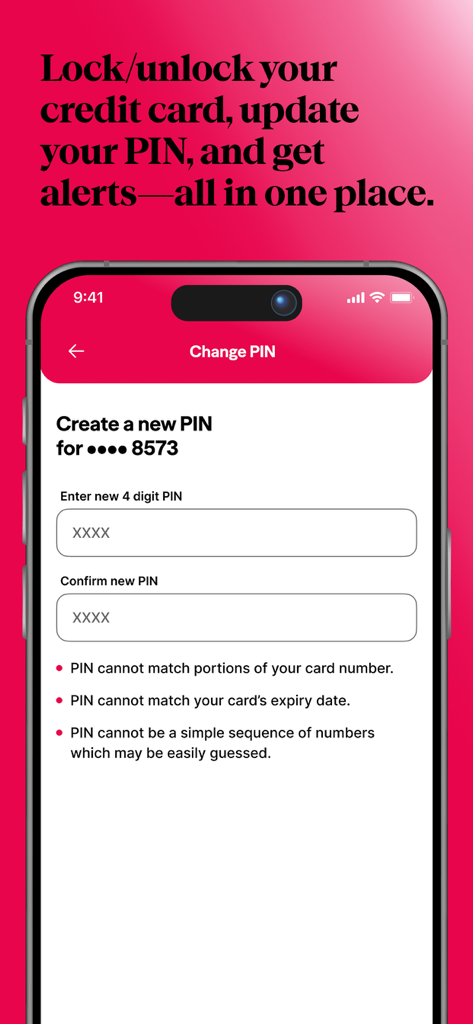 Mobile interface of the Vancity app showing the screen to update a credit card PIN with security guidelines.