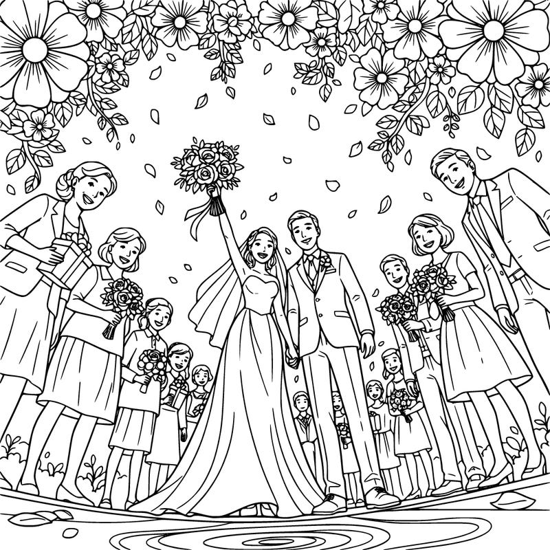 a couple on their wedding day, flowers, family and friends in the background.