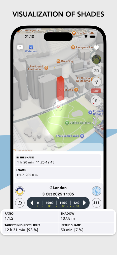 3D map visualization of building shadows and direct light data in the Solar Watch app