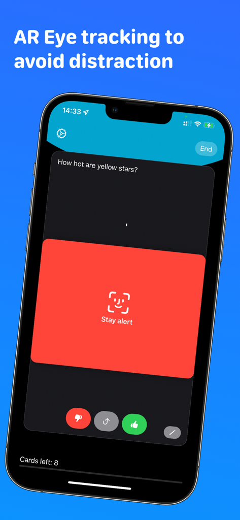 Flippy app screenshot showing AR eye tracking feature with a stay alert warning over a flashcard