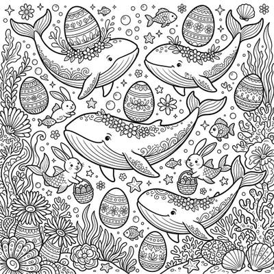 Discover a magical underwater world where gentle whales celebrate Easter alongside adorable mer-bunnies and beautifully adorned eggs. This unique coloring page blends marine life with festive spring joy, offering a delightful escape for artists of all ages.