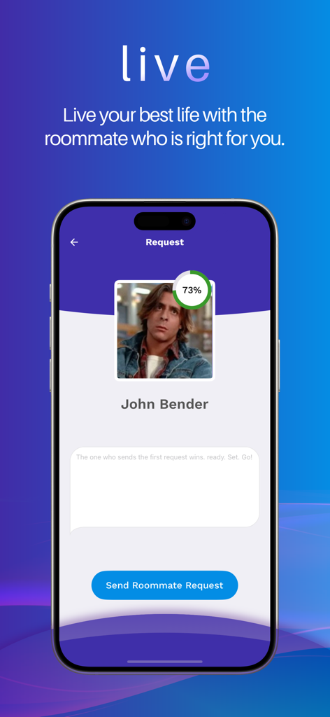 Pantalla de teléfono inteligente que muestra el perfil de solicitud de compañero de habitación de la aplicación RoomSync con un puntaje de compatibilidad y un botón para enviar solicitud.