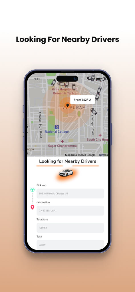 HaulCat User - HaulCat User app screen showing a map with nearby drivers and task details for pickup and delivery
