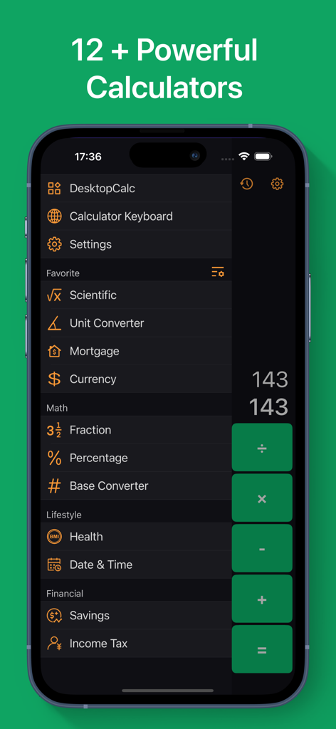 Smart-Calculator Pro - Interfaz de la aplicación Smart-Calculator Pro que muestra un menú de más de 12 calculadoras de utilidad, incluidas herramientas científicas y financieras.