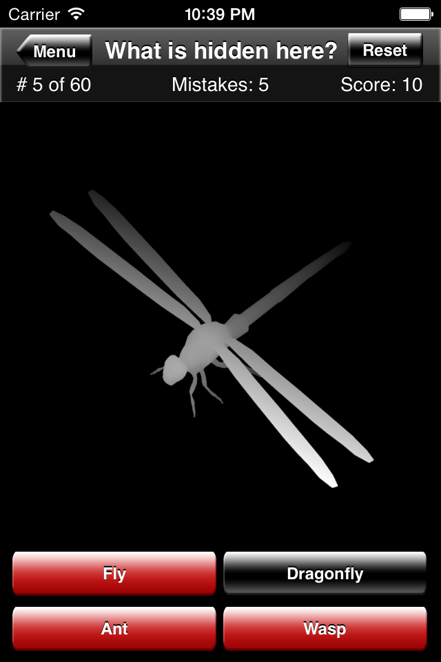 Magic Eye Stereogram Quiz - A 3D dragonfly depth map interface from the Magic Eye Stereogram Quiz game with multiple choice options.