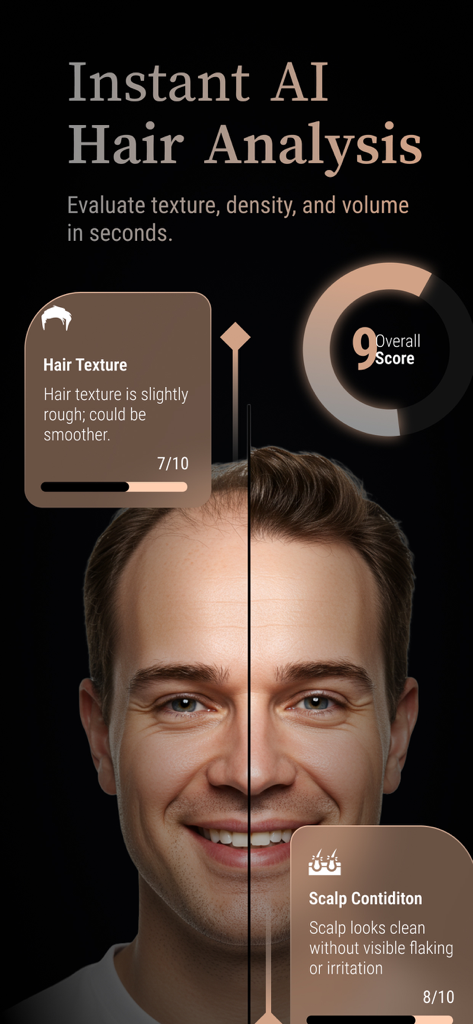 Hairlytics app interface displaying AI hair analysis results for texture and scalp condition on a male portrait