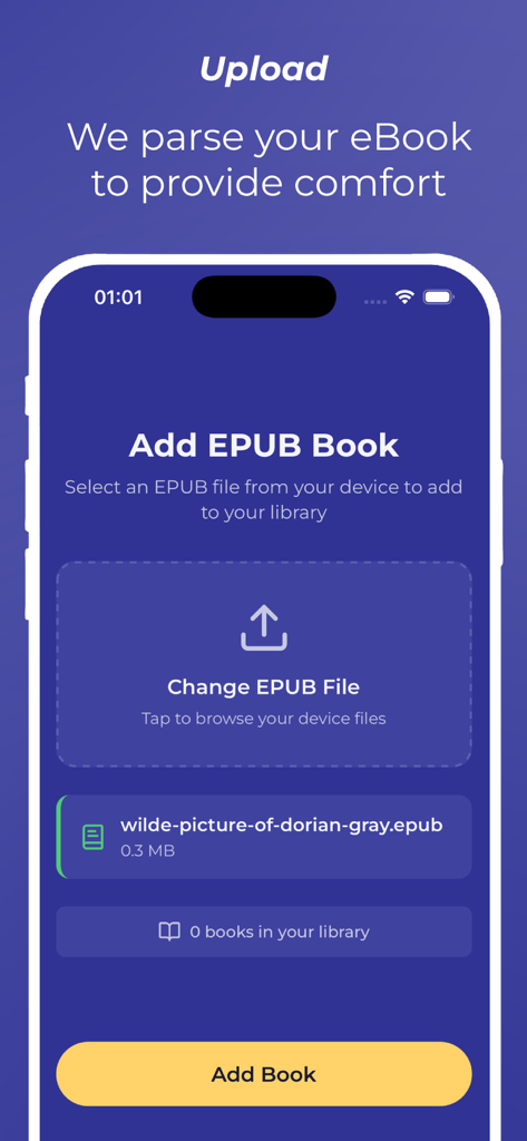 Readly: EPUB Speed Reading - Mobile app interface for importing an EPUB file into the Readly speed reading library