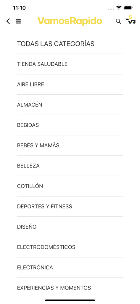 Vamos Rapido app interface showing a list of shopping categories in Spanish
