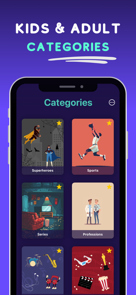 Charades : What am i - Charades game category selection screen with various themed decks for kids and adults including superheroes sports and series