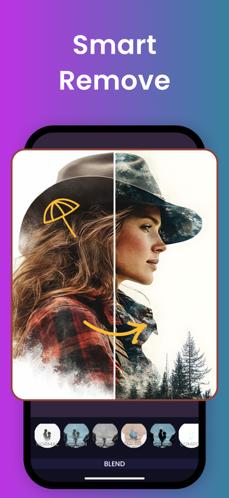 Interface do aplicativo Photo Blend mostrando o recurso de remoção inteligente para edição e mesclagem de fotos.