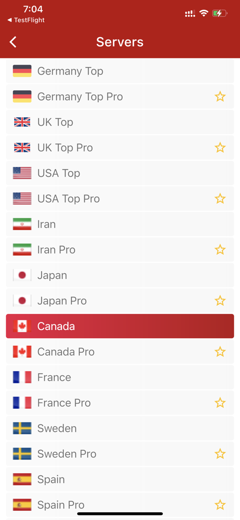 A list of global VPN servers available in the Final VPN app