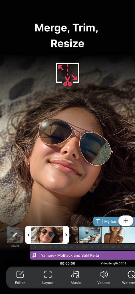 CutStory: AI Reels Editor - CutStory app interface showcasing video merge trim and resize editing features for influencers