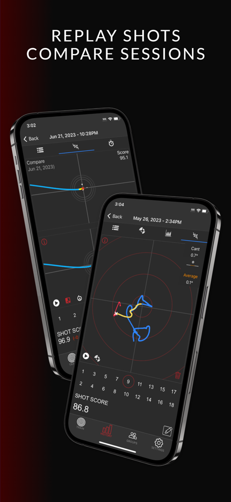 MantisX app interface showing shot replay and shooting session comparison