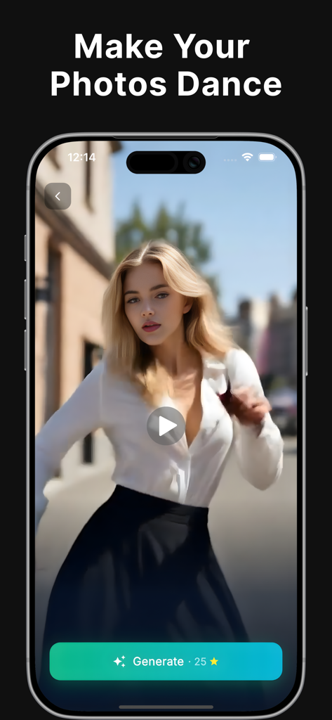Movi app interface showing a woman dancing with AI photo to video animation