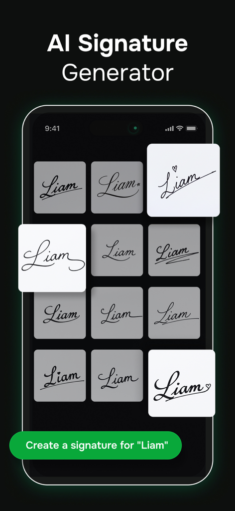 ChatGO: AI Chat 5.0 Assistant - Oberfläche des KI-Signatur-Generators, die verschiedene Handschriftstile für den Namen Liam zeigt
