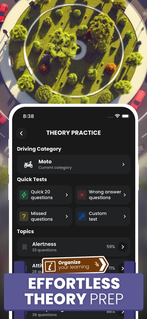 Learn UK Driving Theory Test - Screenshot of the Learn UK Driving Theory Test app theory practice screen featuring motorcycle category and quick test options