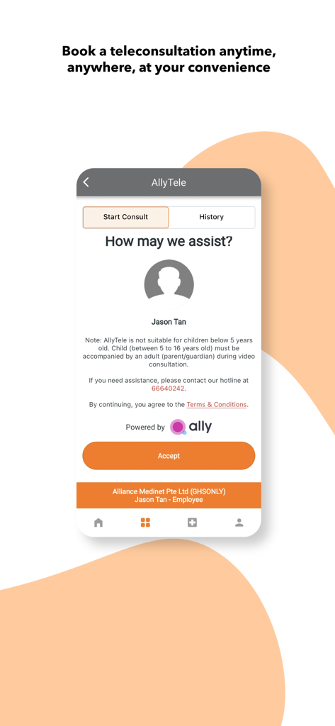 AllCare@Income - Bildschirm zur Buchung von Telekonsultationen in der AllCare@Income-Mobil-App