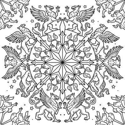 Discover a stunning heraldic griffin mandala, featuring intricately designed mythical beasts arranged in perfect symmetry. This detailed coloring page invites you to bring ancient legends to life with your own vibrant palette.