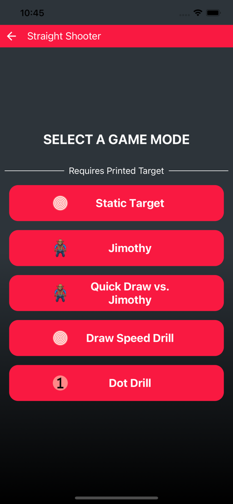 Mobile interface of Straight Shooter app showing game mode selection menu with red buttons for different shooting drills like Static Target and Quick Draw.