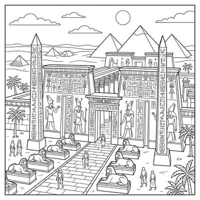 Journey to the land of pharaohs with this detailed Ancient Egyptian Temples coloring page. Featuring majestic pylons, obelisks, and sphinxes, it's a historical adventure waiting for your creative touch.