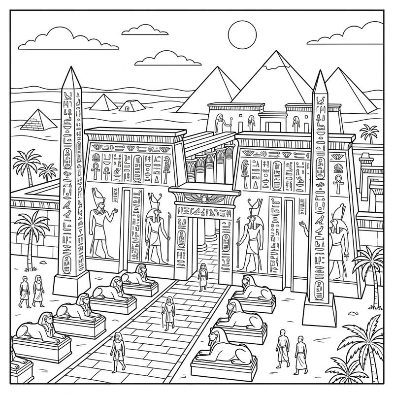 Journey to the land of pharaohs with this detailed Ancient Egyptian Temples coloring page. Featuring majestic pylons, obelisks, and sphinxes, it's a historical adventure waiting for your creative touch.