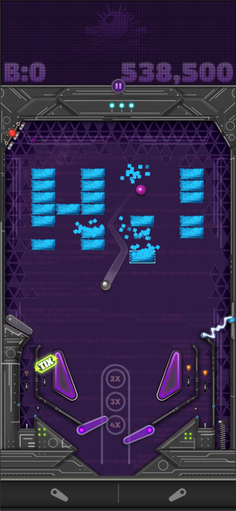 A purple pinball table called Brix with blue ice blocks and multiple flippers in the Pinball Deluxe Reloaded game