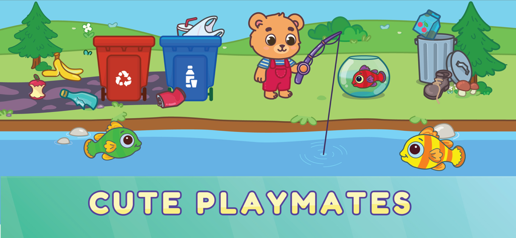 Cartoon bear character fishing next to a river with recycling bins in a nature setting