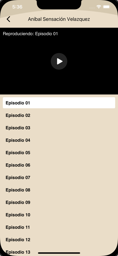 Telecaribe - Pantalla de la aplicación Telecaribe Play mostrando un reproductor de video y una lista de episodios de la serie Anibal Sensacion Velazquez