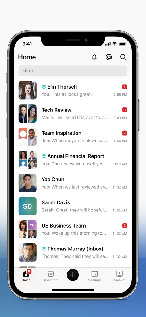 Moxo - Home screen of the Moxo app displaying a list of professional client conversations and message notifications