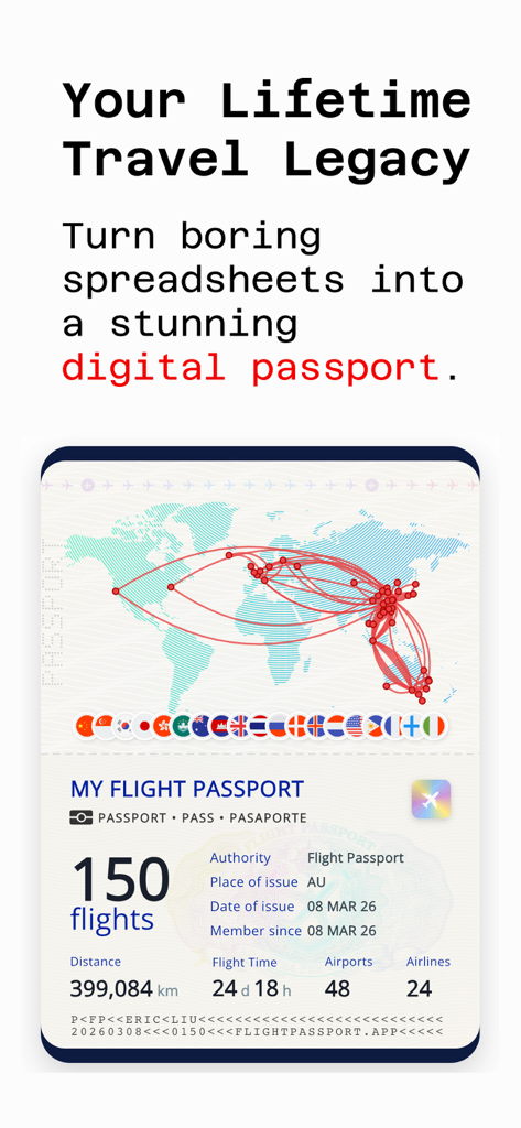 Flight Passport - Digital passport screen showing a world map with flight routes and travel statistics