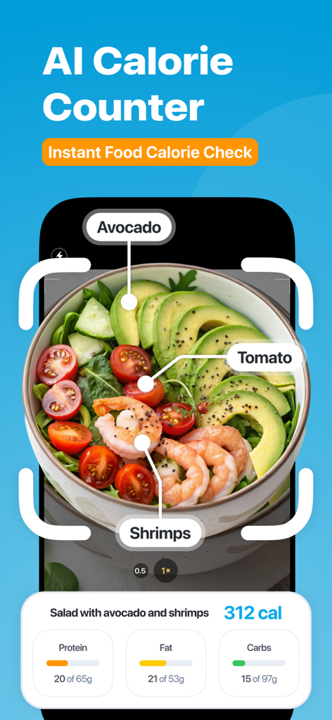 CScore: Calorie & Food Tracker - CScore mobile app interface showing an AI food scanner identifying ingredients in a salad bowl for instant calorie and macro tracking