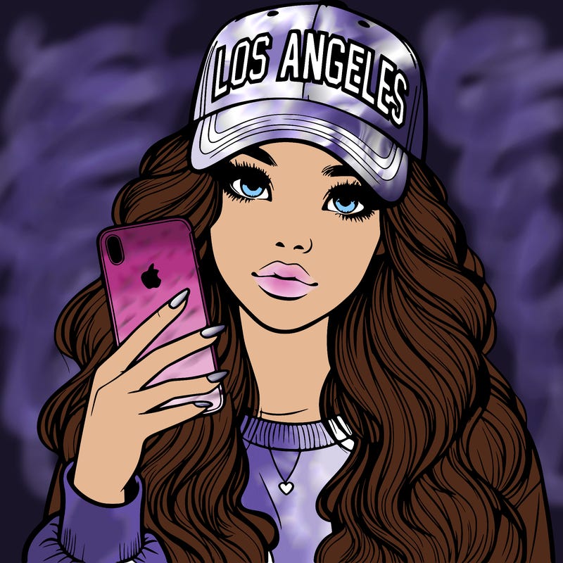 realistic beautiful girl wearing los ángeles cap holding an iphone