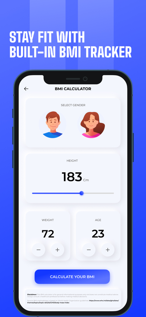 Interfaz de la aplicación Football Live TV que muestra una calculadora IMC incorporada con campos para género, altura, peso y edad