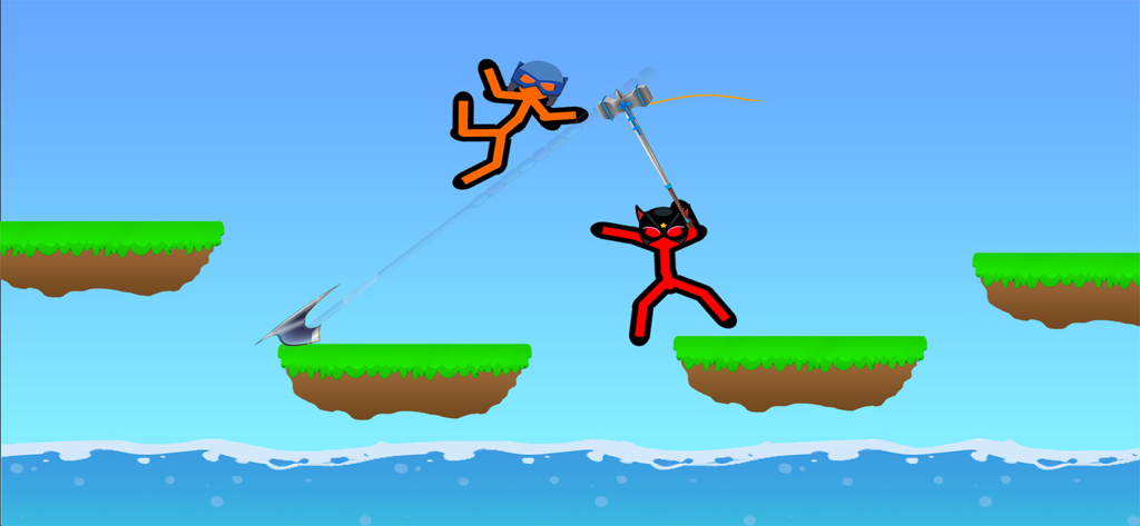 Stickman Warriors: Fight Games - Two stickman characters fighting in mid-air above floating platforms with weapons