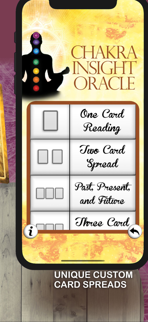Chakra Insight Oracle - Interface of Chakra Insight Oracle app showing unique card spread options like One Card Reading and Past Present and Future.