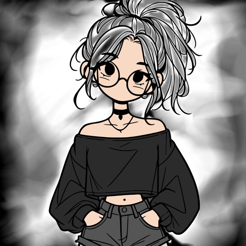 girl with a messy ponytail glasses a baggy crop top and jean shorts