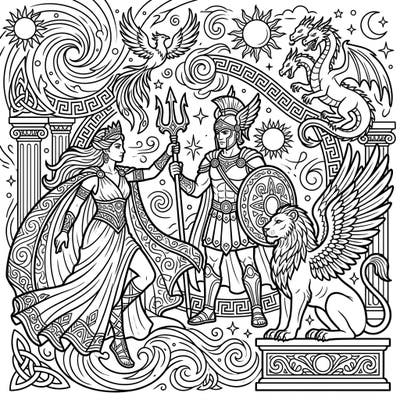Dive into a world of ancient legends with this stunning mythological art coloring page designed for adults. Featuring intricate details and powerful figures, it's perfect for a relaxing and creative escape.