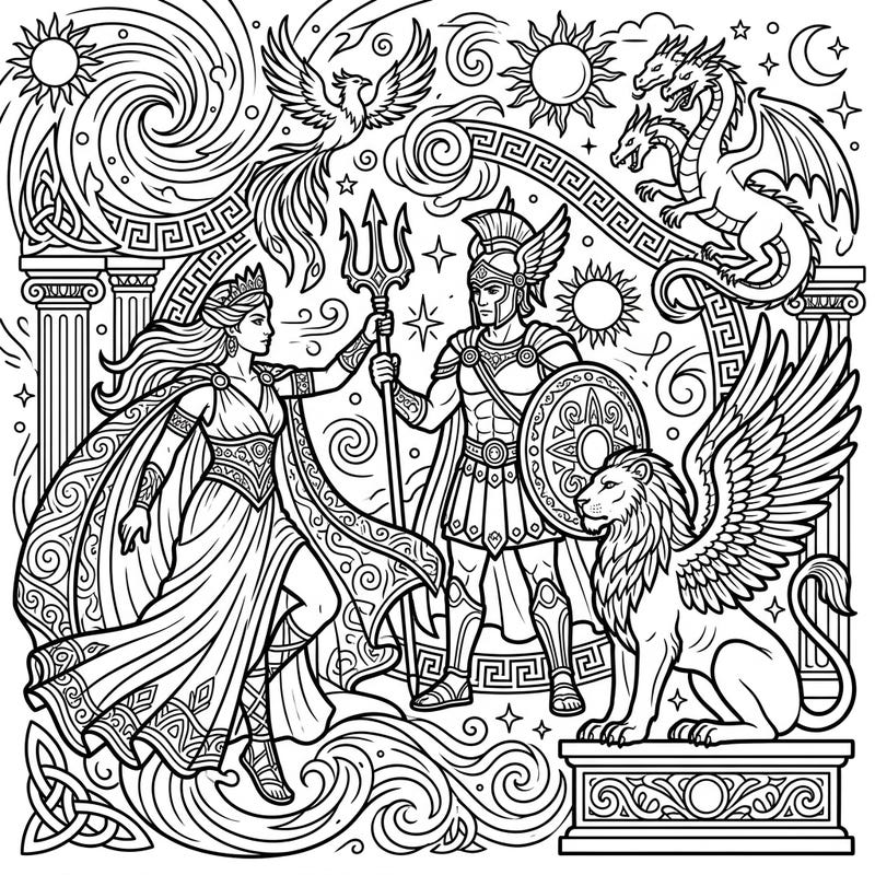 Dive into a world of ancient legends with this stunning mythological art coloring page designed for adults. Featuring intricate details and powerful figures, it's perfect for a relaxing and creative escape.
