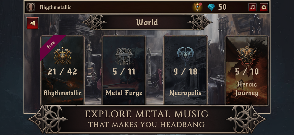 Écran de sélection de mondes dans le jeu mobile Rhythmetallic montrant des niveaux sur le thème de la musique metal