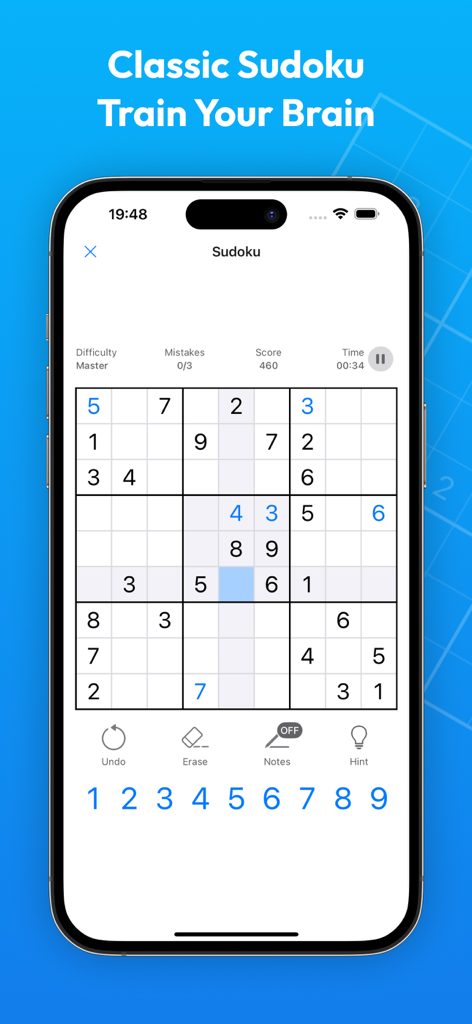 Interfaccia di gioco Sudoku Classico su smartphone che mostra una griglia 9x9 con livello di difficoltà Master.