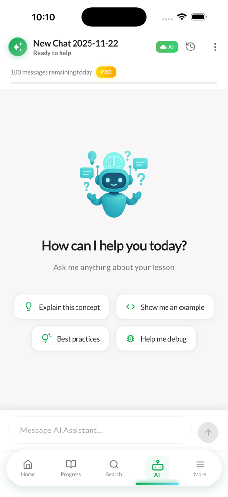 Interfaz del asistente de IA en la aplicación Learn MERN Stack que muestra opciones para depuración de código y explicación de conceptos.