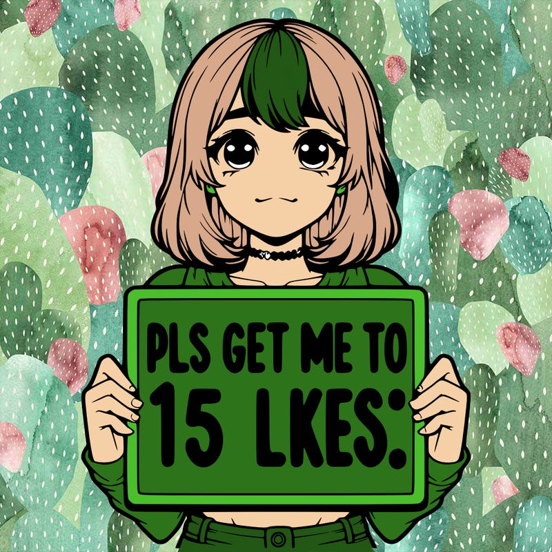 realistic girl holding up a sign that says “pls get me to 15 likes!”