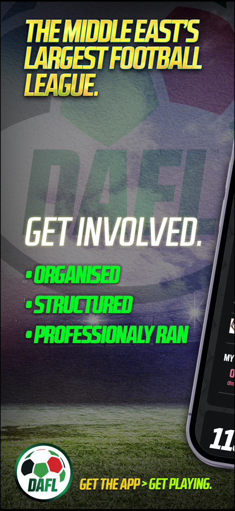 DAFL - Pantalla promocional de la aplicación de la liga de fútbol de Dubái DAFL mostrando la liga de fútbol más grande de Oriente Medio